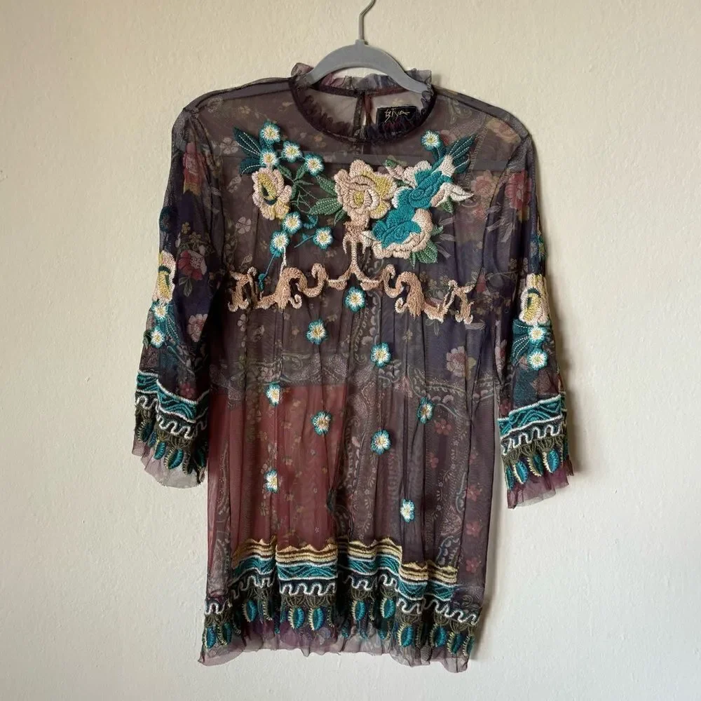Johnny Was Renley Black Brown Blouse Sheer Mesh Floral Embroidered Size  XS